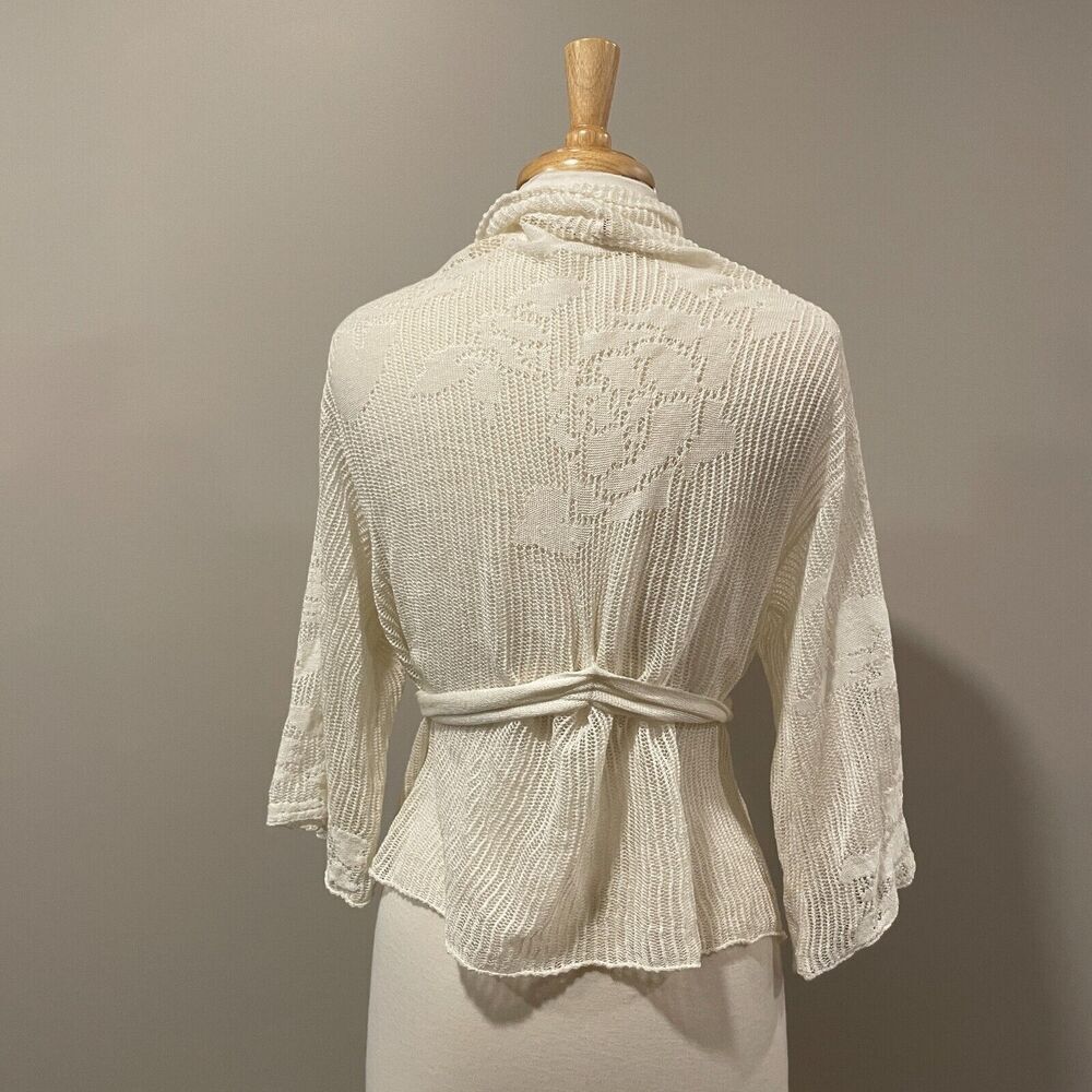 Moth‎ Anthropologie White Knit Cardigan Sweater Crochet Belted Linen M Boho - Picture 2 of 13